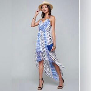 Bebe Blue and White Asymmetrical High-Low Sundress